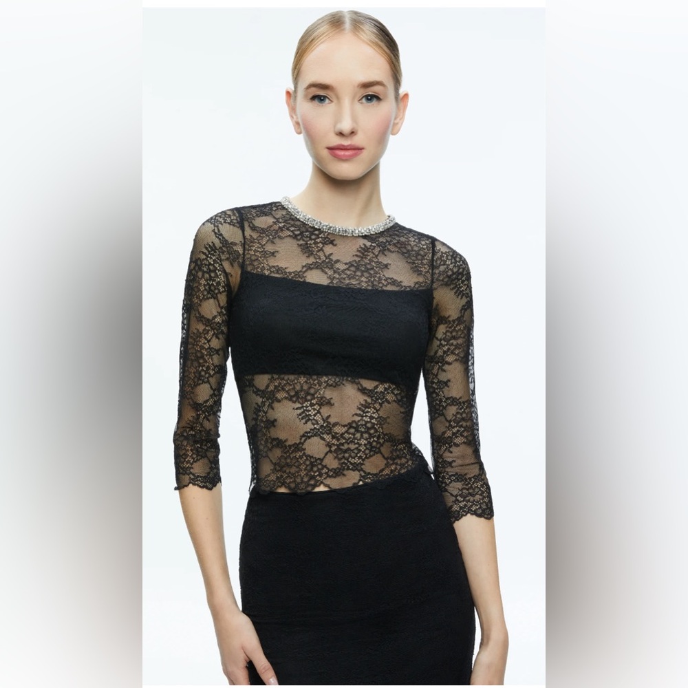Alice & Olivia BNWT VANITA EMBELLISHED Neck Black Lace Crop Top, XL, $465!